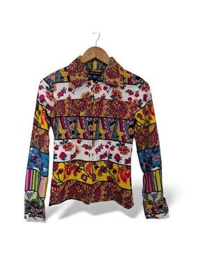 Boston Proper Mixed Print Boho Zip Front Jacket Top Patchwork Retro Style Size 2